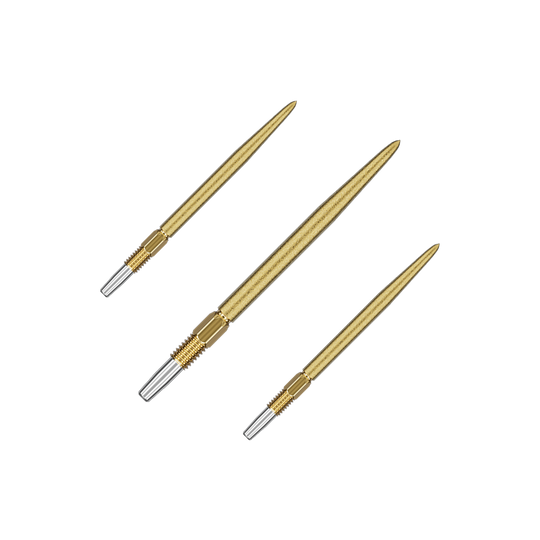 Špičky na šipky Target Swiss Point SLK - zlaté Das Bild zeigt drei goldfarbene Dartspitzen, die nebeneinander liegen. Die Spitzen haben ein schlankes, glänzendes Design mit silbernen Enden.