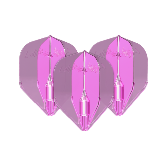 Letky L-Style Fantom L3EZ Čirá růžová Das Bild zeigt drei klare, pinke Dartflights des Modells "L-Style Fantom L3EZ". Die Flights sind transparent und haben eine leuchtend pinke Farbe.