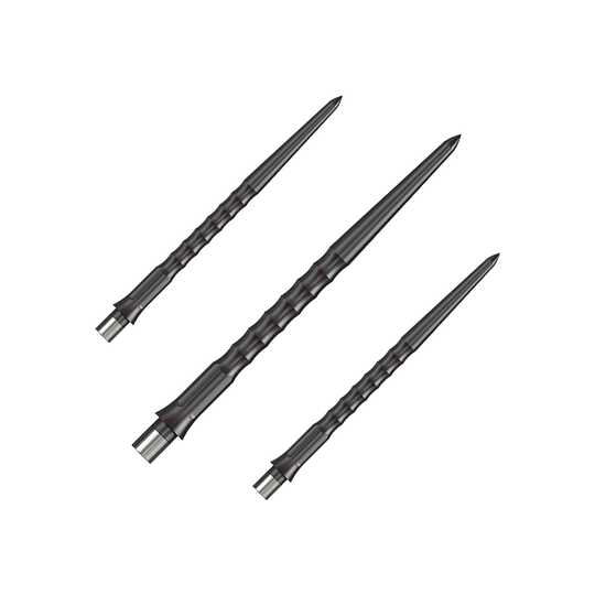 Dargestellt ist ein Set schwarzer Steeldartspitzen mit Ripple NoLip Design, 36 mm lang. Diese sind Bestandteil des Caliburn Evo Systems.