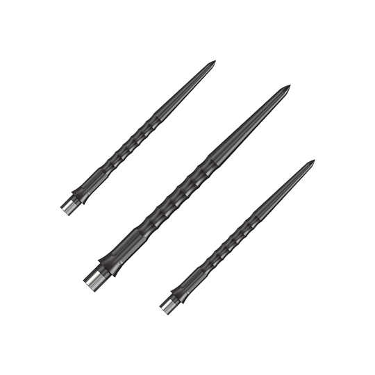 Caliburn System Steel Dart Tips - Ripple - NoLip - Black Dargestellt ist ein Set schwarzer Steeldartspitzen mit Ripple NoLip Design, 36 mm lang. Diese sind Bestandteil des Caliburn Evo Systems.