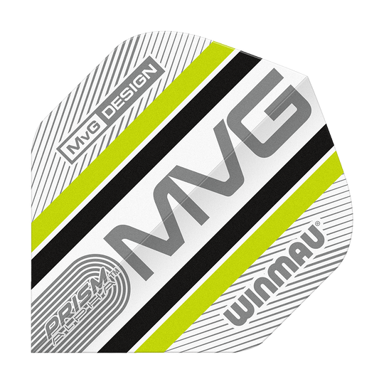 Dies ist ein Winmau Alpha Michael Van Gerwen MvG 85 Standard Dart Flight. Das Flight-Design ist weiß mit schwarzen und neon-gelben Streifen sowie den Schriftzügen „MvG“, „PRISM ALPHA“ und „WINMAU“.