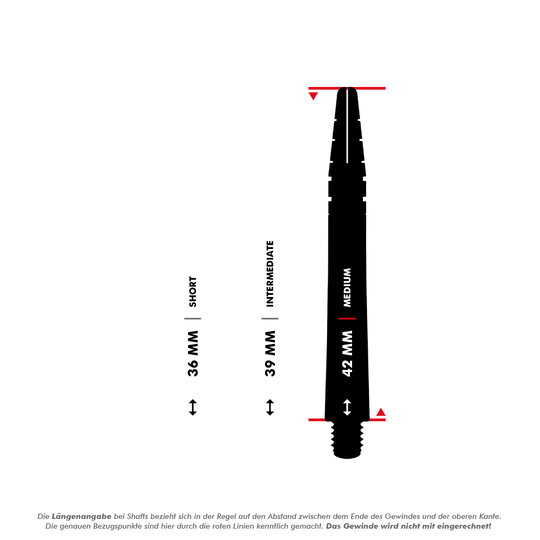 Das Bild zeigt einen Größenvergleich von drei verschiedenen Shafts für Dartpfeile mit den Längen 36 mm (Short), 39 mm (Intermediate) und 42 mm (Medium). Die roten Linien markieren den Messbereich ohne das Gewinde, wie in der Bildunterschrift erklärt.