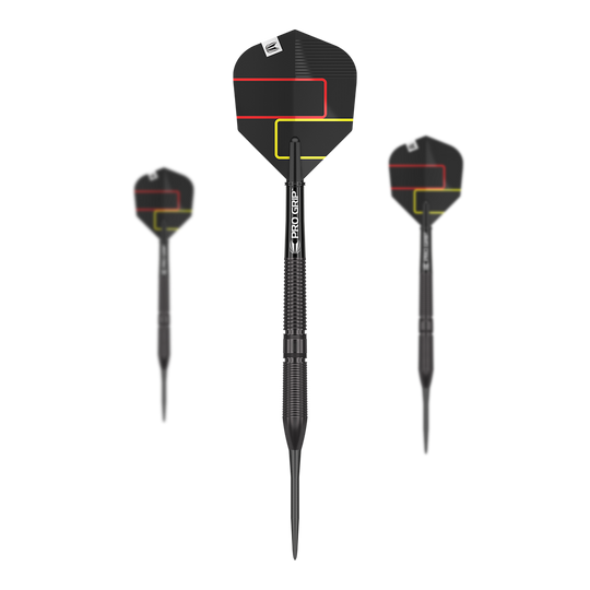 Ocelové šipky Target Gabriel Clemens Black Edition Auf dem Bild sind drei schwarze Steeldarts der Marke „Target Gabriel Clemens Black Edition“ zu sehen. Die Flights sind in Schwarz gehalten und mit roten und gelben Linien verziert.