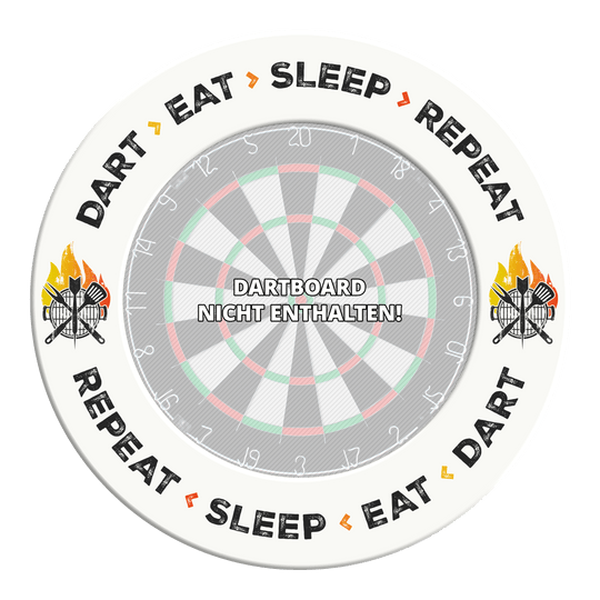 Obklopující terč McDart - Dart Eat Sleep Repeat Auf diesem Bild steht der Text 'Dart Eat Sleep Repeat' in weiß auf einem Hintergrund. Das Bild ist wahrscheinlich ein Design oder Zubehör für Dartliebhaber.