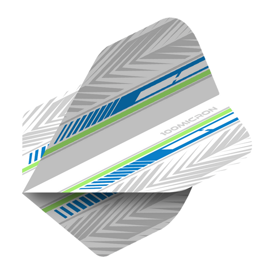Das Bild zeigt ein Dartflight mit dem Namen "Pentathlon White Blue Green No2 Standard Flights". Das Design ist überwiegend weiß und grau mit blauen und grünen Streifen sowie einem chevronartigen Muster.