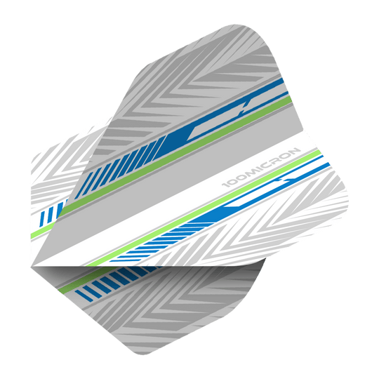 Letky pro pětiboj bílé/modré/zelené Das Bild zeigt ein Dartflight mit dem Namen "Pentathlon White Blue Green No2 Standard Flights". Das Design ist überwiegend weiß und grau mit blauen und grünen Streifen sowie einem chevronartigen Muster.