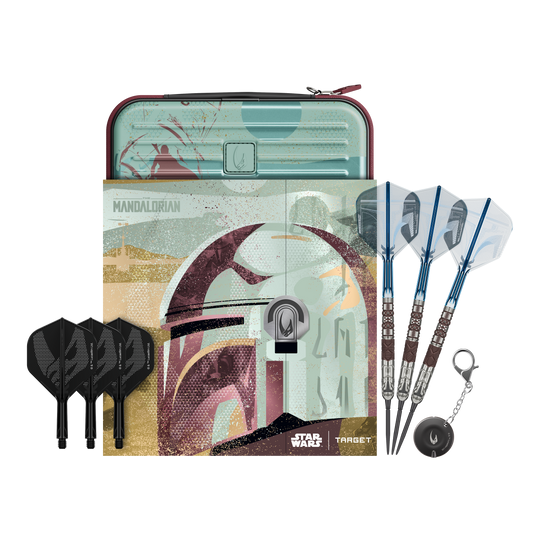 Abgebildet sind Target Star Wars Mandalorian 95 Swiss Point Steeldarts. Diese Darts haben ein einzigartiges Mandalorian-Design.