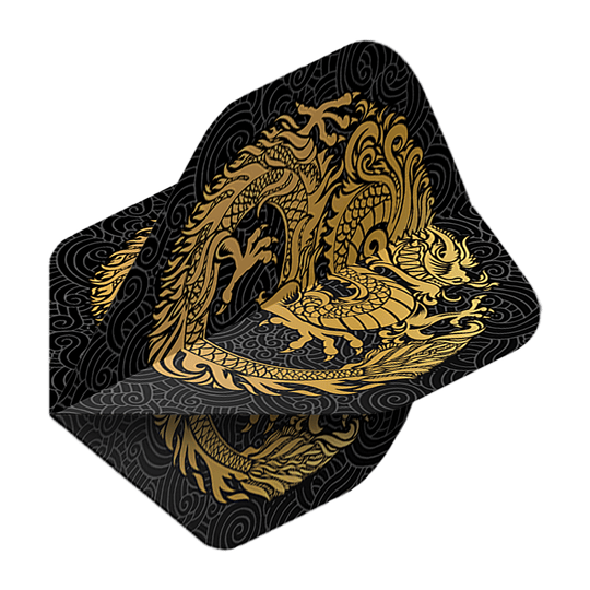 Pentathlonové lety Dragon black Auf dem Bild ist ein Pentathlon Dragon 2 Standard Flight zu sehen. Das Flight ist schwarz und mit einem goldenen Drachen verziert.