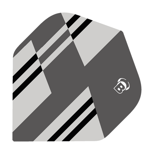 Standardní letky Bulls B-Star Tac No2 Das Bild zeigt das Produkt "Bulls B-Star Tac No2 Standard Flights". Das Flight ist grau mit schwarzen und weißen Streifen und hat ein modernes, geometrisches Design.