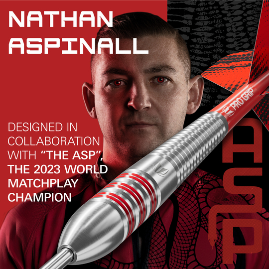 Abgebildet sind die Target Nathan Aspinall Brass Steeldarts, Gewicht 22g. Dieses Produkt wird speziell für Steeldartspieler angeboten.