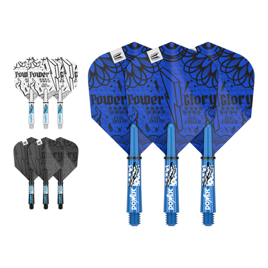 Das Bild zeigt drei unterschiedliche Sets von Darts-Flights und -Shafts in den Farben Blau, Weiß und Schwarz. Auf den Flights stehen Wörter wie "Power" und "Glory" sowie der Name "Phil Taylor".