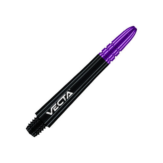 Dieser Dart-Schaft ist schwarz mit einem violetten oberen Ende. Auf dem Schaft steht das Wort "VECTA".
