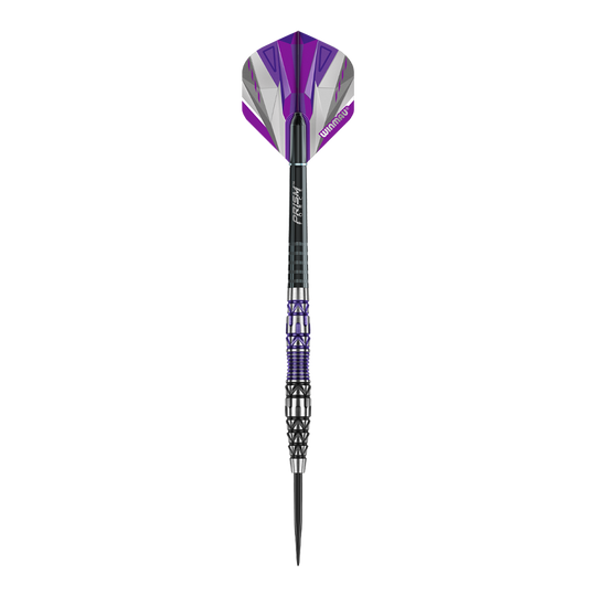 Ocelové šipky Winmau Simon Whitlock Special Edition 2020 Das Bild zeigt den Winmau Simon Whitlock Special Edition 2020 Steeldart. Der Dart hat ein auffälliges Design mit lila, schwarzen und silbernen Akzenten.