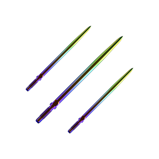 Špičky šipek Bulls NL Convertible Point - hladké - duhové Ein Bild mit dem Dateinamen BU57716_BullsNL_Convertible_Points_Smooth_Rainbow_36mm_1Set. Es zeigt wahrscheinlich ein Set von Dartspitzen in Regenbogenfarben.