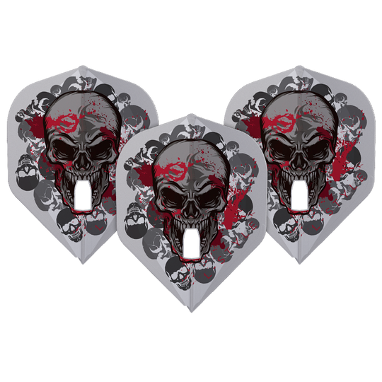 Auf dem Bild sind drei Dartflights mit einem auffälligen Totenkopf-Design in dunklen und roten Farben zu sehen. Es handelt sich um die L-Style Ryan Searle V2 Clear White Signature Champagne L1PRO Flights.