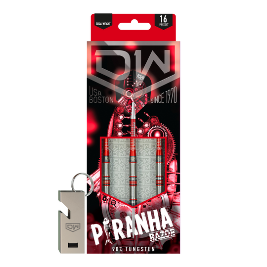 Das Bild zeigt die Verpackung der "DW Piranha Razor 01 Steeldarts". In der Packung sind drei Darts aus 90% Tungsten und ein silberner Schlüsselanhänger enthalten.