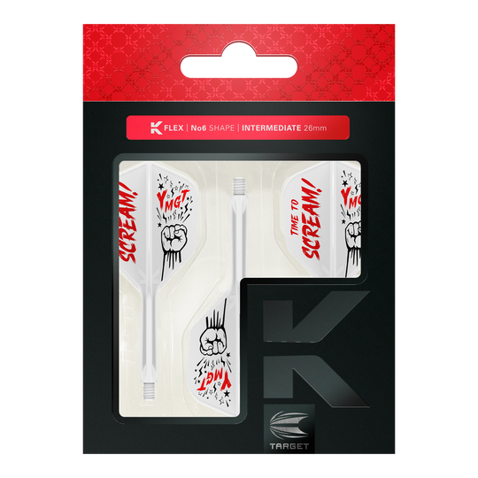 Das Bild zeigt das Produkt „Target Japan K-Flex Scream No6 Flight-Shaft-System“ in seiner Verpackung. Die Flights sind weiß mit roten und schwarzen Grafiken und dem Schriftzug „TIME TO SCREAM!“.