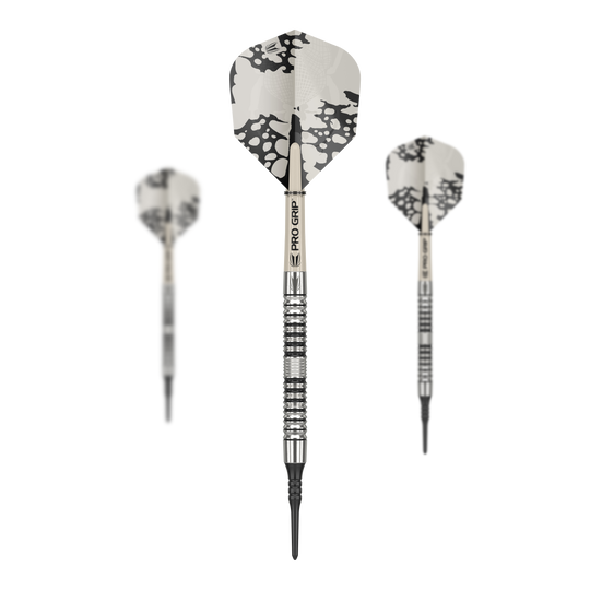 Měkké šipky Target EXO 10 Das Bild zeigt drei Target EXO 10 Softdarts mit silbernen Schäften und schwarz-weißen Flights. Die Darts haben eine strukturierte Griffzone und sind für Präzision im Spiel ausgelegt.