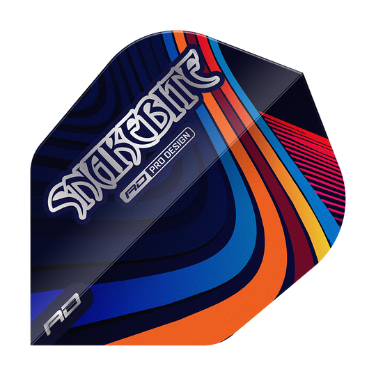 Letky Red Dragon Peter Wright Snakebite Multi Swirl č. 6 Das Bild zeigt ein Dart-Flight mit dem Aufdruck "Snakebite" und farbenfrohen, geschwungenen Linien. Das Design ist modern und hebt sich durch seine bunten Muster hervor.