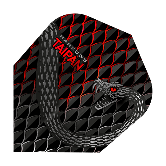 HR27_Harrows_Taipan_Rot_Standard_Flights_1 Das Bild zeigt das Produkt "Harrows Taipan Standard Flights" mit einem auffälligen Schlangendesign. Die Oberfläche ist mit schwarzen und roten Schuppenmustern sowie einer gezeichneten Schlange verziert.