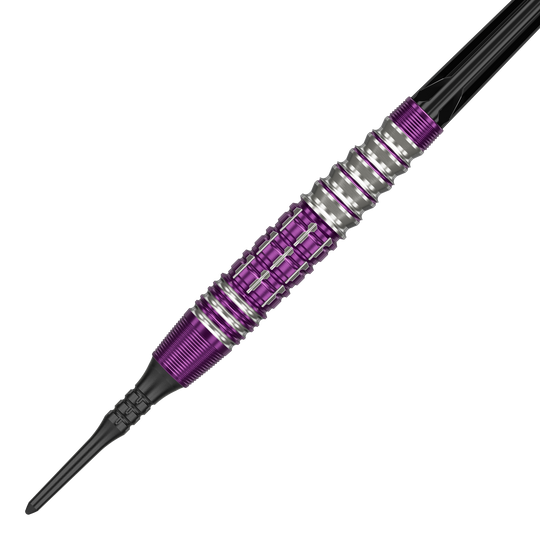 Das Bild zeigt einen Softdart aus der Serie 'Target Japan Prime Series Tung Suk Zenith GEN1' mit einem Gewicht von 19 Gramm. Der Dart hat ein auffälliges Design mit lila und silbernen Akzenten.