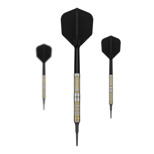 Das Bild zeigt drei Softdarts des Modells "Target Japan Black Marque Reyn GEN2" mit einem Gewicht von 17,5g. Die Darts haben schwarze Flights und einen metallisch gold-silbernen Schaft.