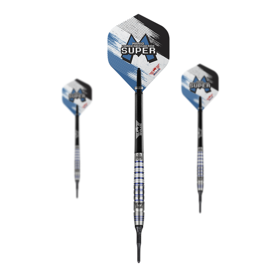 Bulls NL Mario Vandenbogaerde 90% Softdarts - 20g Auf dem Bild sind drei Softdarts des Modells "Bulls NL Mario Vandenbogaerde 90% Softdarts - 20g" zu sehen. Die Darts haben silberne und blaue Akzente mit dem Namen des Spielers auf den Flights.