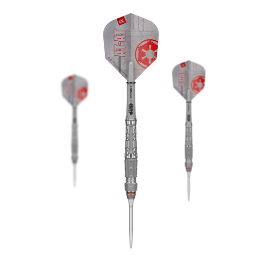Ocelové šipky Target Star Wars AT-AT Swiss Point Auf dem Bild ist das Produkt Target Star Wars AT-AT Swiss Point Steeldarts im Set zu sehen. Es zeigt die Zusammenstellung der Dartpfeile in ihrer Verpackung.
