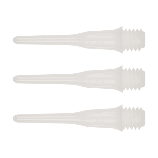 SLIP-W-Short_Lippoints_50er_White_1 Das Bild zeigt drei kurze, durchsichtige Spitzen mit Gewinde. Es handelt sich um "Short Lippoints" aus einer 50er Packung für Dartpfeile.
