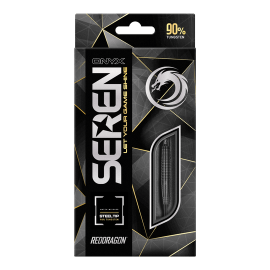 Ocelové šipky Red Dragon Seren 4 Onyx Das Bild zeigt die Verpackung der "Red Dragon Seren 4 Onyx Steeldarts". Auf der Verpackung steht, dass die Darts aus 90% Tungsten bestehen.