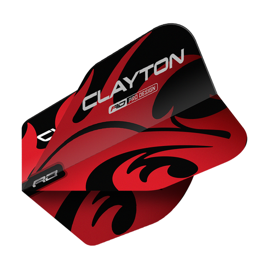 Das Bild zeigt ein Dart-Flight mit dem Produktnamen "Red Dragon Jonny Clayton Red Black No6 Flights". Das Flight ist rot und schwarz gestaltet und trägt den Schriftzug „CLAYTON“.