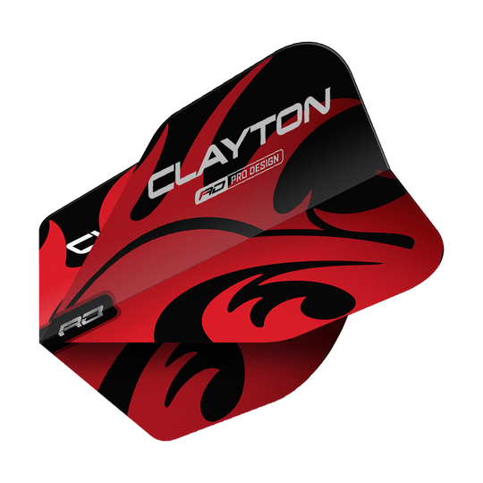 Letky Red Dragon Jonny Clayton Red Black No6 Das Bild zeigt ein Dart-Flight mit dem Produktnamen "Red Dragon Jonny Clayton Red Black No6 Flights". Das Flight ist rot und schwarz gestaltet und trägt den Schriftzug „CLAYTON“.