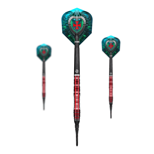 Das Bild zeigt drei Softdarts des Produkts "Shot Future Knights Dreadheart Softdarts - 20g". Die Darts haben eine auffällige grün-blaue Flights mit einem roten Muster und einen rot-schwarzen Griff.