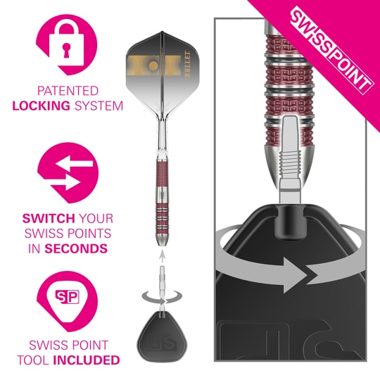 Šipky Target Stephen Bunting 95K Swiss Point Steel Das Bild zeigt die Target Stephen Bunting 95K Swiss Point Steeldarts mit einem patentierten Verriegelungssystem. Mit dem beiliegenden Swiss Point Tool lassen sich die Spitzen in wenigen Sekunden wechseln.
