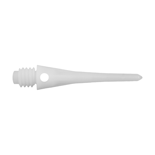CO-00071_Condor_Tip_Zero-Stress_Softdartspitzen_Weiss_2 Das Bild zeigt eine weiße Softdartspitze mit Schraubgewinde und einem kleinen Loch an der Seite. Es handelt sich um die Condor Tip Zero-Stress 2BA Softdartspitzen aus dem 40er Pack.