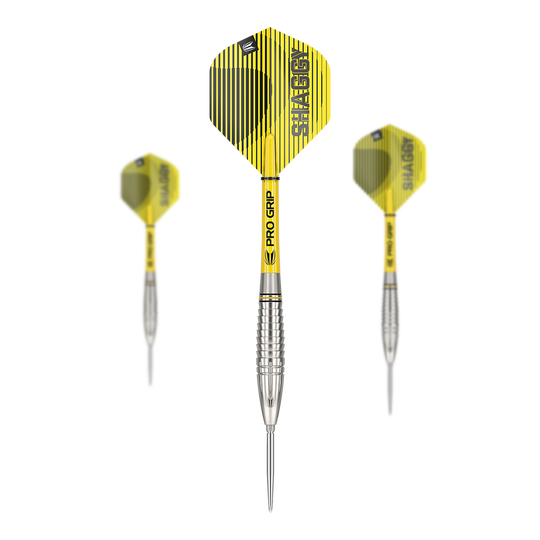 Ocelové šipky Target Scott Williams GEN1 Swiss Point Das Bild zeigt drei Target Scott Williams GEN1 Swiss Point Steeldarts mit gelb-schwarzen Flights. Die Darts haben silberne Spitzen und Griffe mit „Pro Grip“-Schäften.