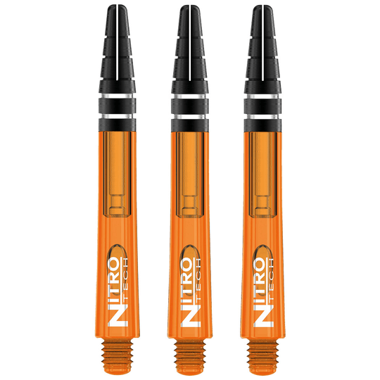 C523-Nitrotech-Orange-Medium-H Das Bild zeigt drei orangefarbene RedDragon Nitrotech Shafts. Sie sind speziell für Dartpfeile entworfen und haben schwarze Spitzen.