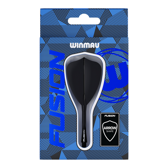 Das Bild zeigt eine Verpackung mit einem Winmau Fusion Flight-Shaft-System in Pfeilform. Die Verpackung ist hauptsächlich blau mit geometrischen Mustern und der Aufschrift "FUSION".