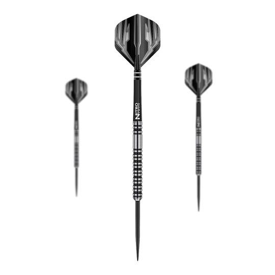 Ocelové šipky Red Dragon Dragonfly 3 Das Bild zeigt drei Steeldarts des Modells "Red Dragon Dragonfly 3". Die Darts haben ein schwarz-silbernes Design mit strukturiertem Griff.
