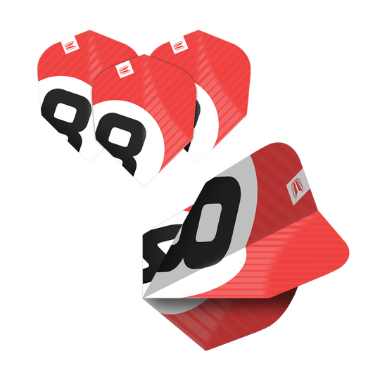 Das Bild zeigt fünf Sets der Target Pro Ultra Chicane Multipack No6 Flights. Die Flights sind rot, weiß und schwarz mit einer markanten Nummer und Logo gestaltet.