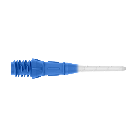 Dvoubarevné rtěnky L-Style Premium (balení 30 kusů) Das Bild zeigt eine Dartspitze mit zwei Farben, dunkelblau und weiß. Der hintere Teil ist dunkelblau, während der vordere Teil weiß ist.