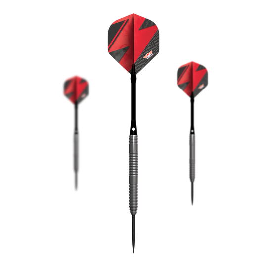 Das Bild zeigt drei Steeldarts mit silbernen Griffen und roten Flights. Es handelt sich um das Produkt "Bulls NL Lightning Red Steeldarts".