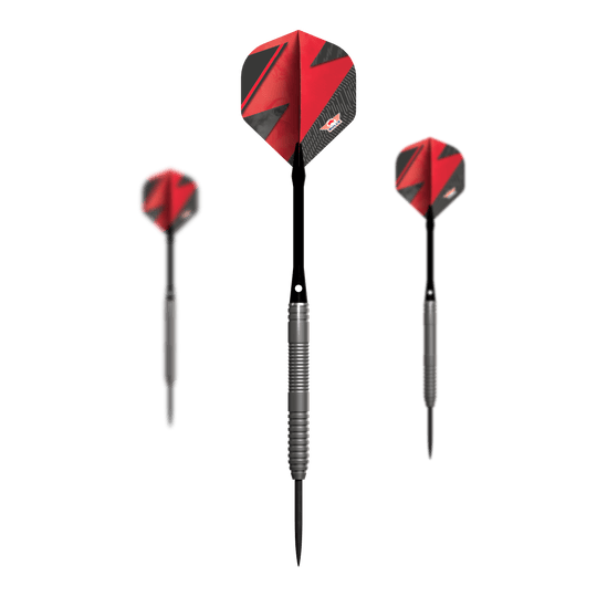 Ocelové šipky Bulls NL Lightning Red Das Bild zeigt drei Steeldarts mit silbernen Griffen und roten Flights. Es handelt sich um das Produkt "Bulls NL Lightning Red Steeldarts".