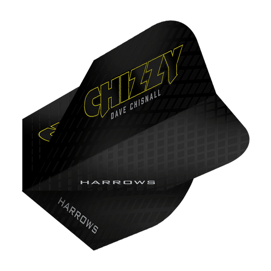 Harrowův Dave Chisnall Chizzy série 3 letů Das Bild zeigt das Produkt „Harrows Dave Chisnall Chizzy Series 3 Flights“. Die Flights sind schwarz mit gelber Schrift und tragen den Namen „Chizzy“ sowie „Dave Chisnall“.