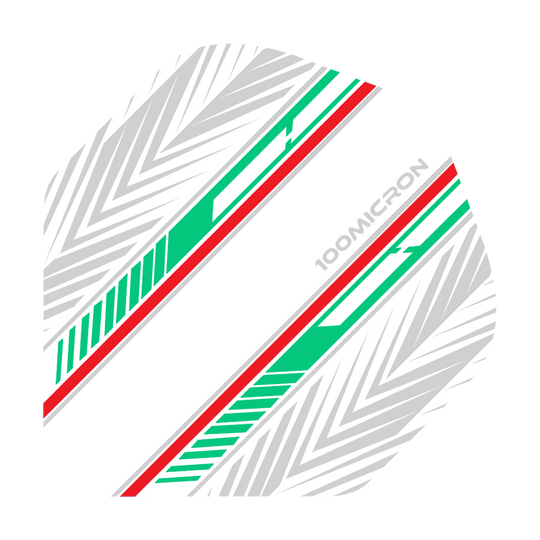 Letky pro pětiboj bílé/zelené/červené Das Bild zeigt einen Pentathlon White Green Red No2 Standard Flight für Darts. Das Design besteht aus weißen, grünen und roten Streifen sowie grauen Pfeilmustern auf weißem Hintergrund.