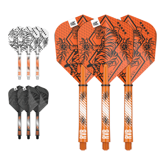 Souprava Target Ink Flight Shaft Raymond Van Barneveld Auf dem Bild sind drei Sets von Dart-Flights und Schäften in den Farben Orange, Weiß und Schwarz zu sehen. Jedes Set ist mit einem Tiger-Design und den Initialen "RVB" verziert.