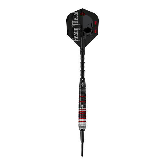 Měkké šipky Harrow's Ryan Searle Heavy Metal Series 2 Das Bild zeigt einen Harrows Ryan Searle Heavy Metal Series 2 Softdart. Der Dartpfeil hat ein auffälliges Design mit schwarzen, roten und silbernen Akzenten sowie der Aufschrift "Heavy Metal" auf dem Flight.