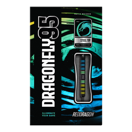 Das Bild zeigt die Verpackung der "Red Dragon Dragonfly 95 Black Parallel Steeldarts". Die Schachtel ist schwarz mit bunten Akzenten und präsentiert ein Sichtfenster mit einem Dartpfeil.