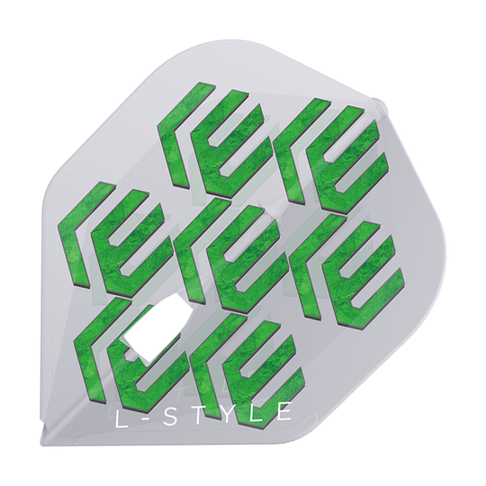 Dies ist ein L-Style Lukas Wenig V1 Clear White L1PRO Flight. Das Flight ist weiß und hat grüne, geometrische Muster sowie den Aufdruck "L-STYLE".