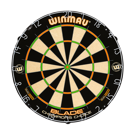 3023_Winmau_Champions_Choice_DualCore_Dartboard_1yDetmwaptBObx Winmau Champions Choice DualCore Dartboard aus Vorderansicht. Sektoren und Zahlen sind klar strukturiert.